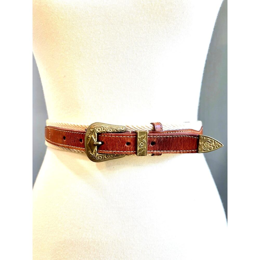 VTG Western Boho Braided Cotton & Leather Belt Tooled Ornate Brass Buckle, XXL